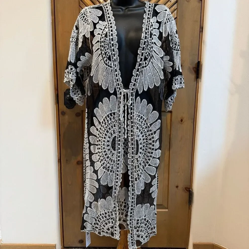 Cupshe (L) Black Bohemian Lace Crochet Kimono-Style Swim Coverup – Sheer Embroid
